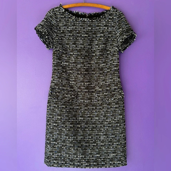 Banana Republic Black Blue Tweed Fringe Short Sleeve Wide Neck Shift Dress Sz 2 - Picture 2 of 6